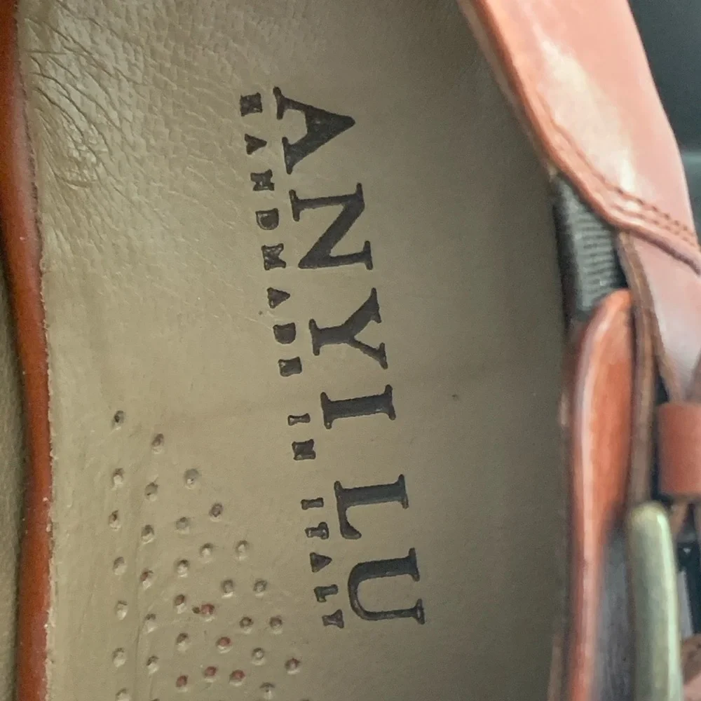 NEW ANYI LU Peep Toe Buckle Wedges Booties Ankle Boots Leather Brown Cognac